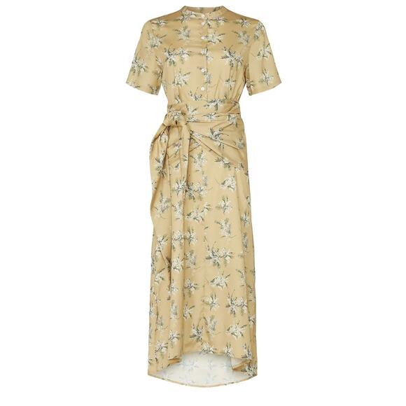 CAARA Lucca Midi Dress Yellow Green Floral Waist Tie Side Slits Vacay Office XS - Picture 1 of 11